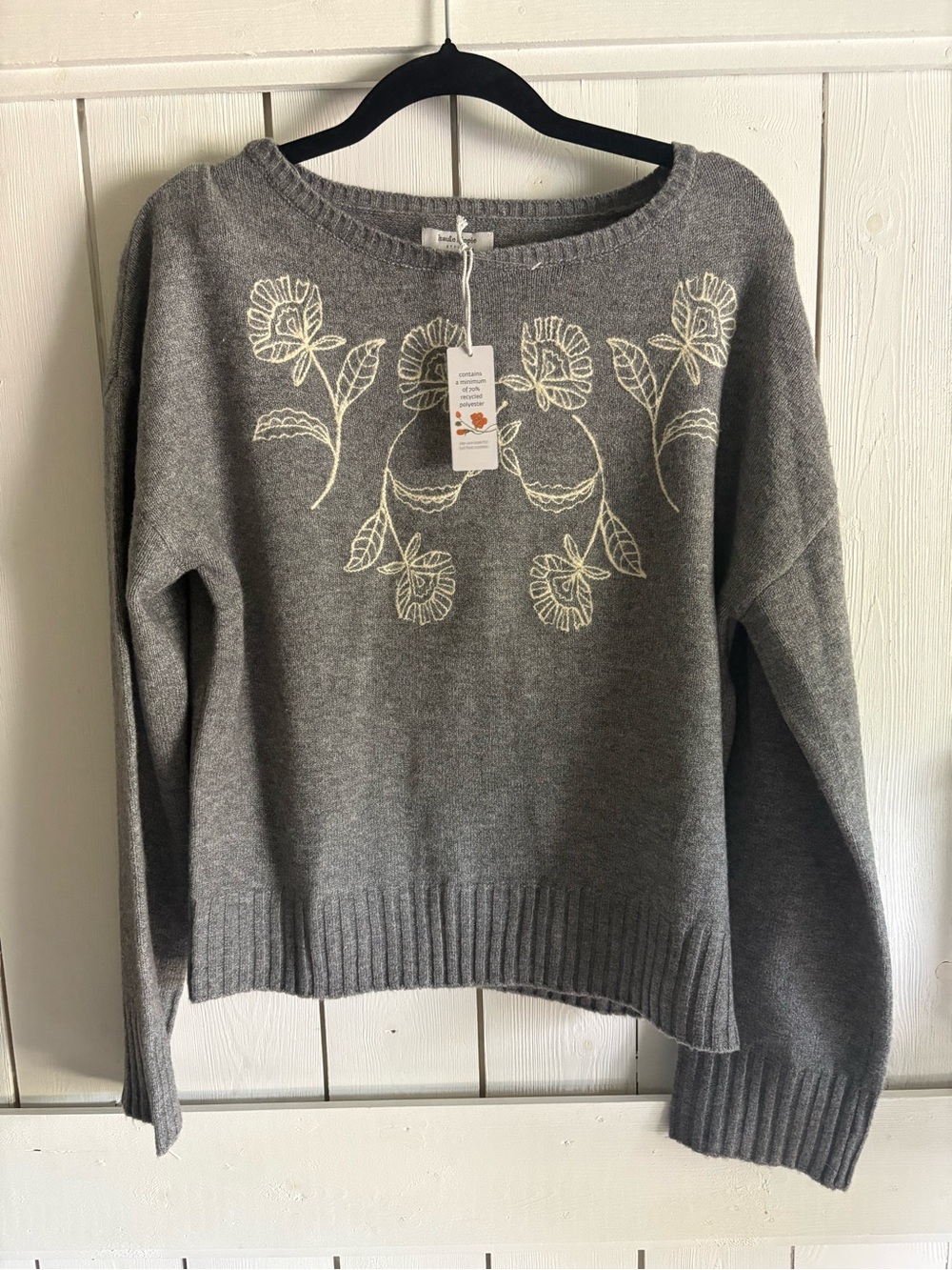 Haute Hippie Gray Crewneck Sweater with Cream Floral Embroidery